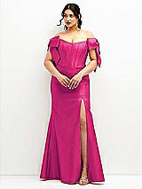 Front View Thumbnail - Think Pink Off-the-Shoulder Bow Satin Corset Dress with Fit and Flare Skirt