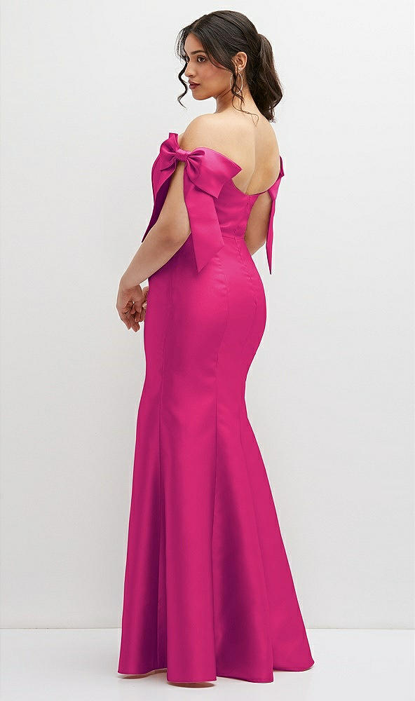 Back View - Think Pink Off-the-Shoulder Bow Satin Corset Dress with Fit and Flare Skirt