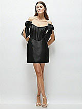 Front View Thumbnail - Black Satin Off-the-Shoulder Bow Corset Fit and Flare Mini Dress