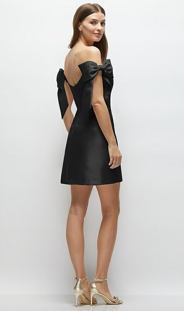 Back View - Black Satin Off-the-Shoulder Bow Corset Fit and Flare Mini Dress