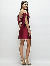 Rear View Thumbnail - Burgundy Satin Off-the-Shoulder Bow Corset Fit and Flare Mini Dress
