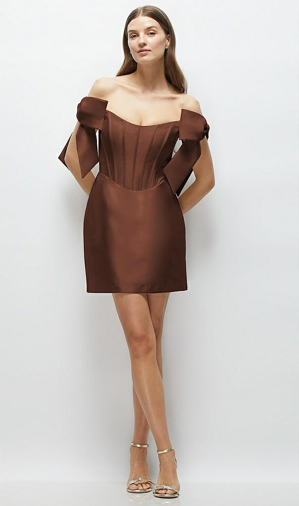 Front View - Cognac Satin Off-the-Shoulder Bow Corset Fit and Flare Mini Dress