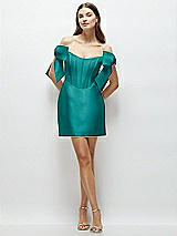 Front View Thumbnail - Jade Satin Off-the-Shoulder Bow Corset Fit and Flare Mini Dress