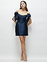 Front View Thumbnail - Midnight Navy Satin Off-the-Shoulder Bow Corset Fit and Flare Mini Dress