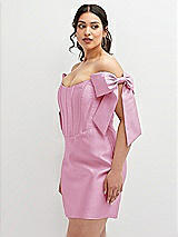 Alt View 1 Thumbnail - Powder Pink Satin Off-the-Shoulder Bow Corset Fit and Flare Mini Dress