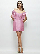 Front View Thumbnail - Powder Pink Satin Off-the-Shoulder Bow Corset Fit and Flare Mini Dress
