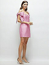 Side View Thumbnail - Powder Pink Satin Off-the-Shoulder Bow Corset Fit and Flare Mini Dress