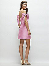 Rear View Thumbnail - Powder Pink Satin Off-the-Shoulder Bow Corset Fit and Flare Mini Dress