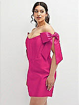 Alt View 1 Thumbnail - Think Pink Satin Off-the-Shoulder Bow Corset Fit and Flare Mini Dress