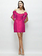 Front View Thumbnail - Think Pink Satin Off-the-Shoulder Bow Corset Fit and Flare Mini Dress