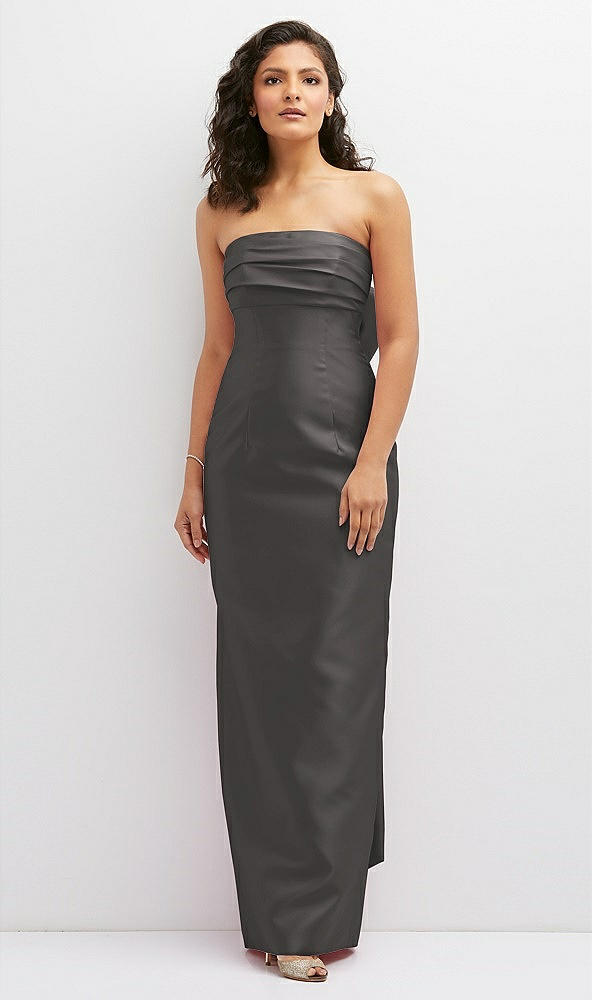 Front View - Caviar Gray Strapless Draped Bodice Column Dress with Oversized Bow