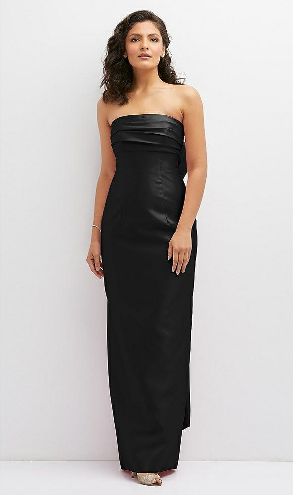 Front View - Black Strapless Draped Bodice Column Dress with Oversized Bow