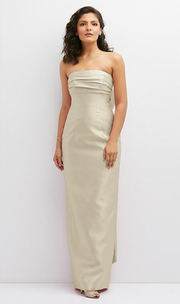 Front View - Champagne Strapless Draped Bodice Column Dress with Oversized Bow