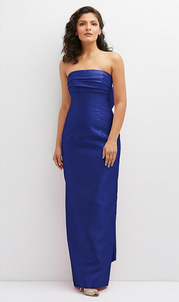 Front View - Cobalt Blue Strapless Draped Bodice Column Dress with Oversized Bow