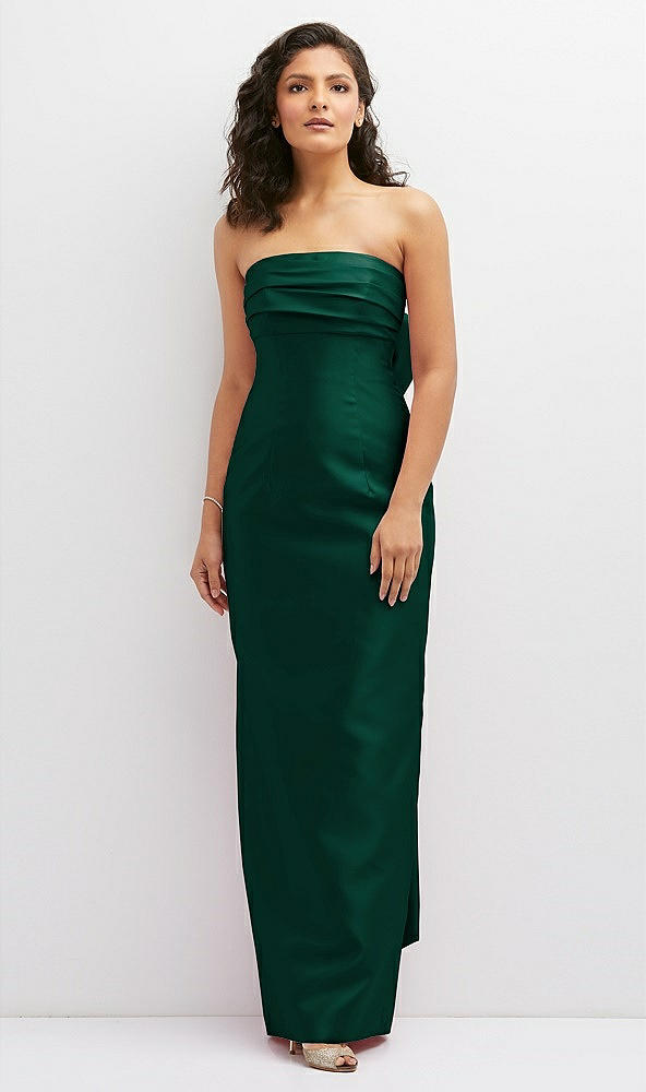 Front View - Hunter Green Strapless Draped Bodice Column Dress with Oversized Bow