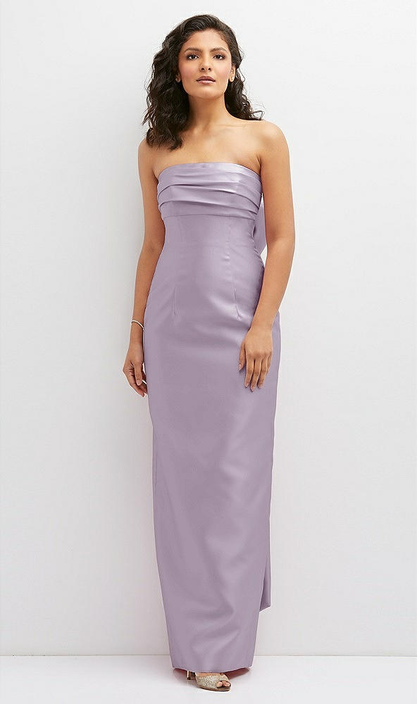 Front View - Lilac Haze Strapless Draped Bodice Column Dress with Oversized Bow