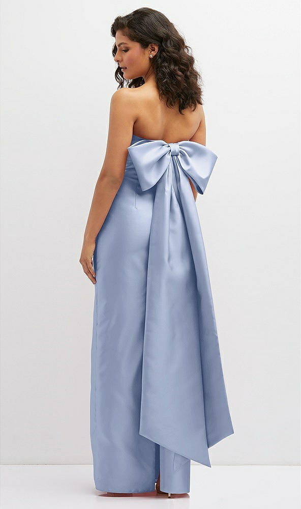 Back View - Sky Blue Strapless Draped Bodice Column Dress with Oversized Bow