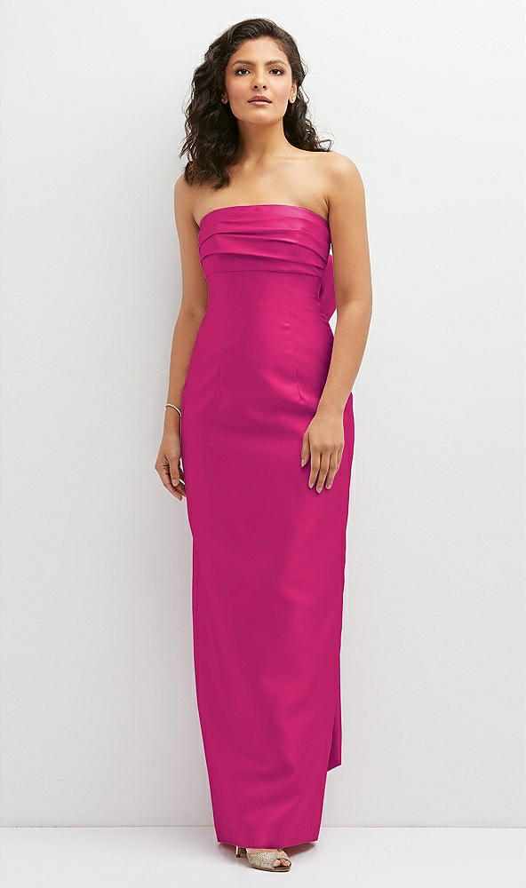 Front View - Think Pink Strapless Draped Bodice Column Dress with Oversized Bow
