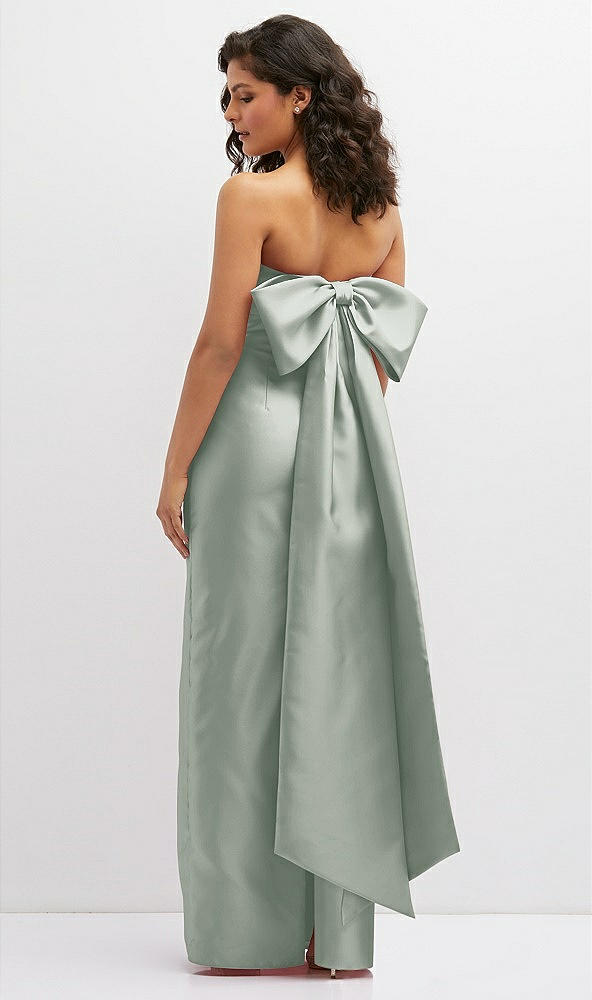 Back View - Willow Green Strapless Draped Bodice Column Dress with Oversized Bow