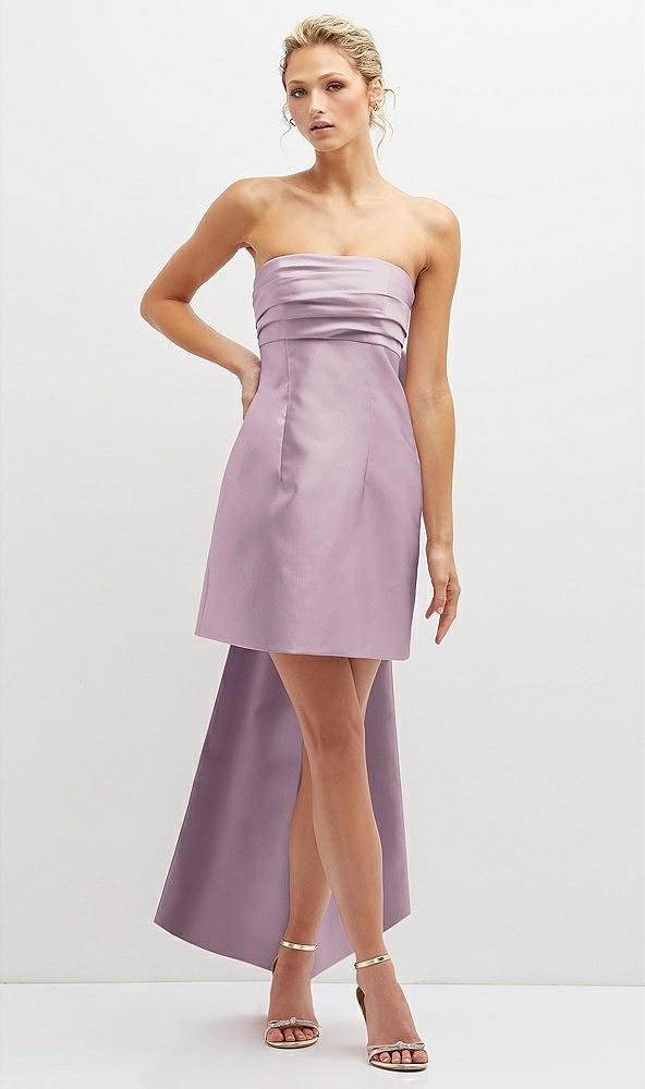 Front View - Suede Rose Strapless Satin Column Mini Dress with Oversized Bow