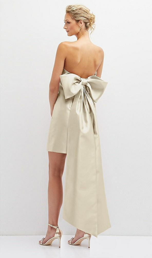 Back View - Champagne Strapless Satin Column Mini Dress with Oversized Bow