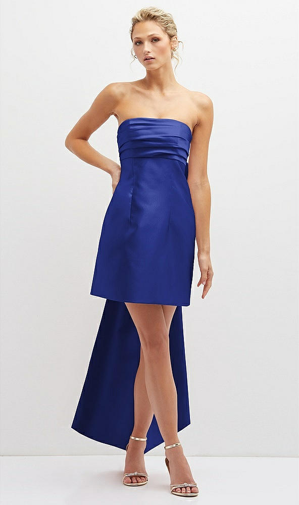Front View - Cobalt Blue Strapless Satin Column Mini Dress with Oversized Bow