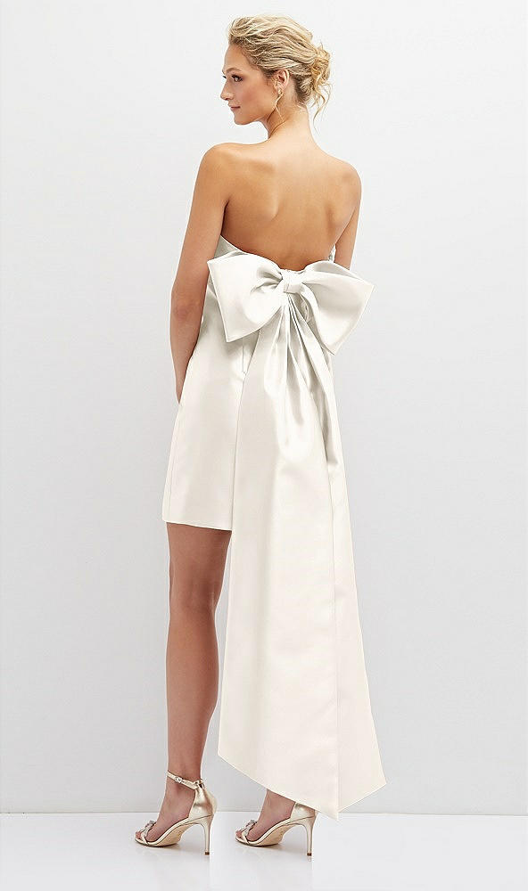 Back View - Ivory Strapless Satin Column Mini Dress with Oversized Bow