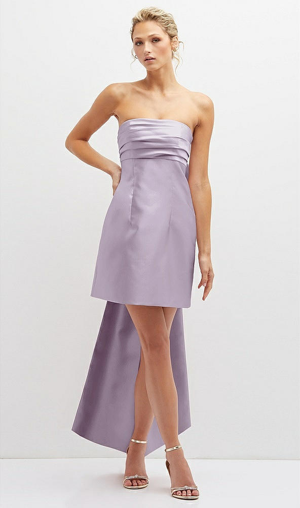 Front View - Lilac Haze Strapless Satin Column Mini Dress with Oversized Bow