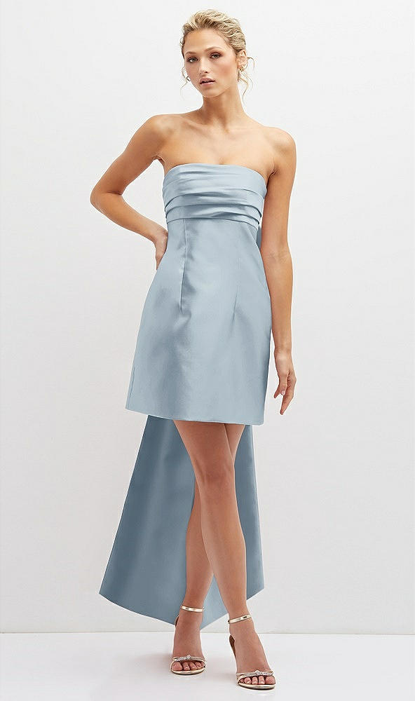 Front View - Mist Strapless Satin Column Mini Dress with Oversized Bow