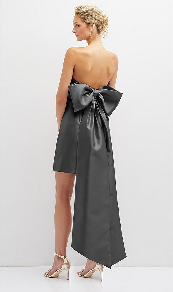 Back View - Pewter Strapless Satin Column Mini Dress with Oversized Bow
