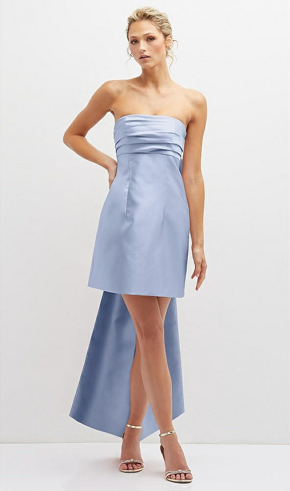 Front View - Sky Blue Strapless Satin Column Mini Dress with Oversized Bow