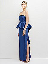 Side View Thumbnail - Classic Blue Strapless Satin Maxi Dress with Cascade Ruffle Peplum Detail