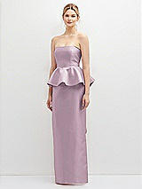 Front View Thumbnail - Suede Rose Strapless Satin Maxi Dress with Cascade Ruffle Peplum Detail