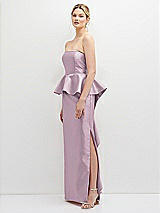 Side View Thumbnail - Suede Rose Strapless Satin Maxi Dress with Cascade Ruffle Peplum Detail