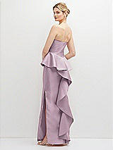 Rear View Thumbnail - Suede Rose Strapless Satin Maxi Dress with Cascade Ruffle Peplum Detail