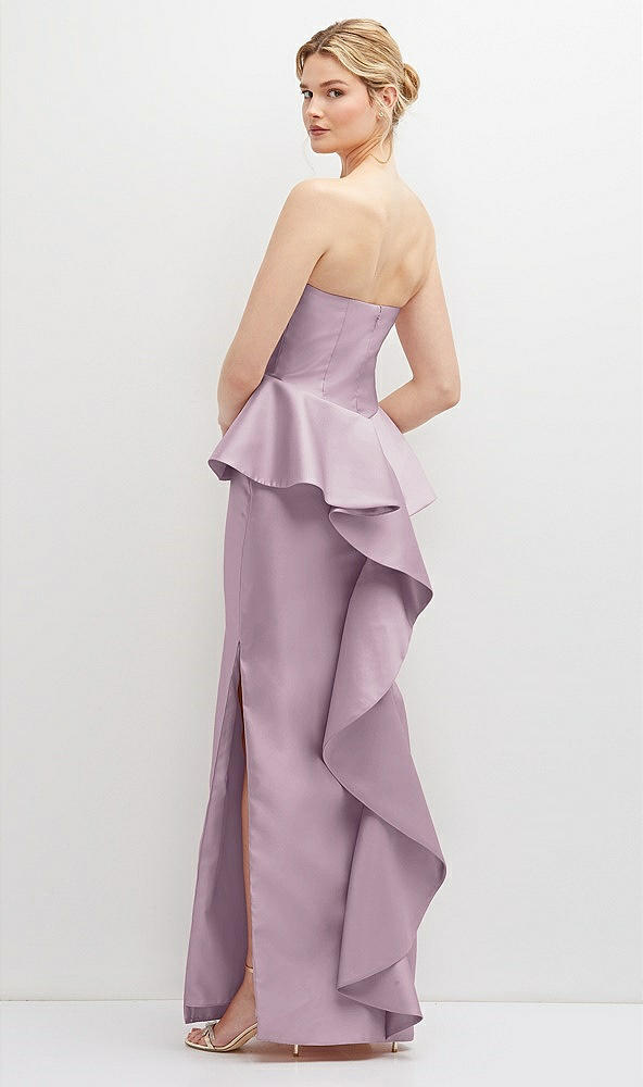 Back View - Suede Rose Strapless Satin Maxi Dress with Cascade Ruffle Peplum Detail