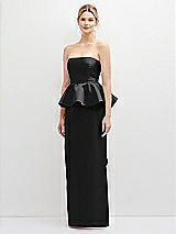 Front View Thumbnail - Black Strapless Satin Maxi Dress with Cascade Ruffle Peplum Detail