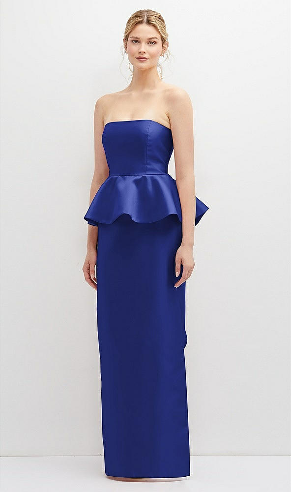 Front View - Cobalt Blue Strapless Satin Maxi Dress with Cascade Ruffle Peplum Detail