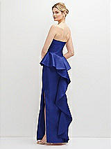 Rear View Thumbnail - Cobalt Blue Strapless Satin Maxi Dress with Cascade Ruffle Peplum Detail