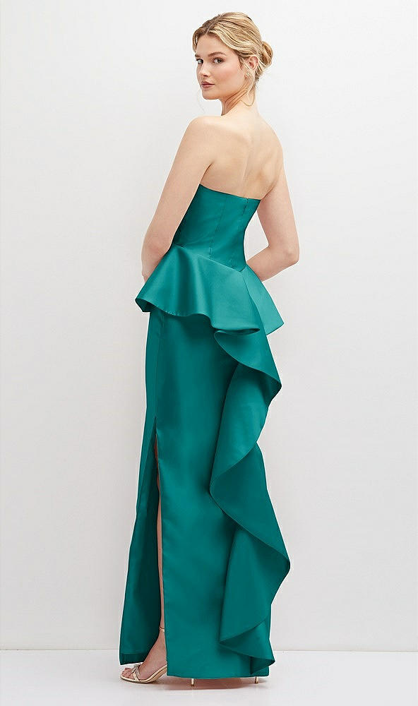Back View - Jade Strapless Satin Maxi Dress with Cascade Ruffle Peplum Detail
