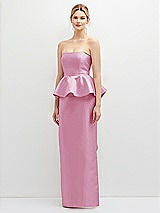 Front View Thumbnail - Powder Pink Strapless Satin Maxi Dress with Cascade Ruffle Peplum Detail