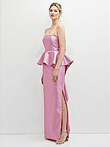 Side View Thumbnail - Powder Pink Strapless Satin Maxi Dress with Cascade Ruffle Peplum Detail