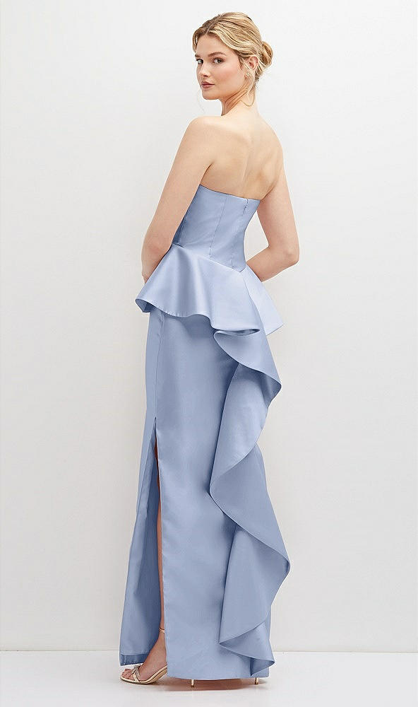 Back View - Sky Blue Strapless Satin Maxi Dress with Cascade Ruffle Peplum Detail