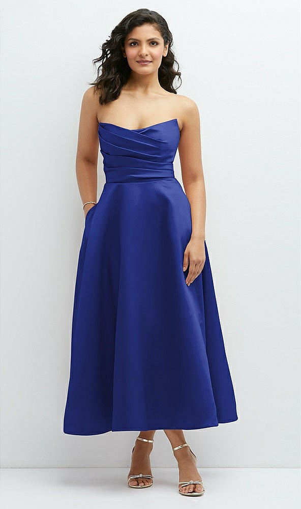 Front View - Cobalt Blue Draped Bodice Strapless Satin Midi Dress with Full Circle Skirt
