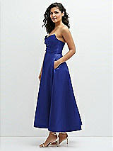 Side View Thumbnail - Cobalt Blue Draped Bodice Strapless Satin Midi Dress with Full Circle Skirt