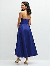 Rear View Thumbnail - Cobalt Blue Draped Bodice Strapless Satin Midi Dress with Full Circle Skirt