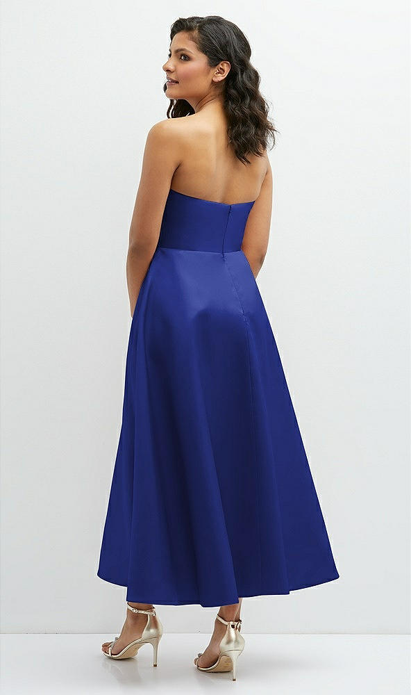 Back View - Cobalt Blue Draped Bodice Strapless Satin Midi Dress with Full Circle Skirt