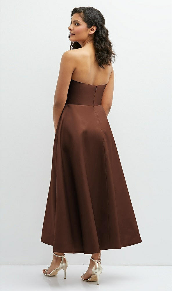 Back View - Cognac Draped Bodice Strapless Satin Midi Dress with Full Circle Skirt