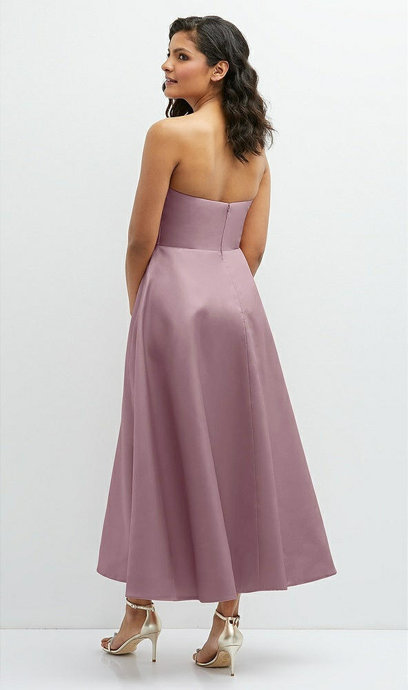 Back View - Dusty Rose Draped Bodice Strapless Satin Midi Dress with Full Circle Skirt