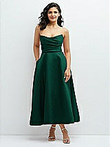 Front View Thumbnail - Hunter Green Draped Bodice Strapless Satin Midi Dress with Full Circle Skirt